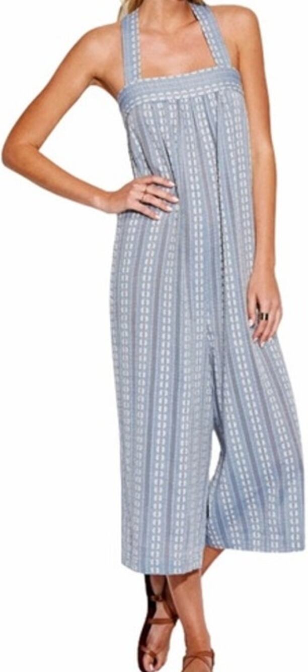 Anthropologie Seafolly Dobby Stripe Jumpsuit Criss Cross Back Chambray Paisley L